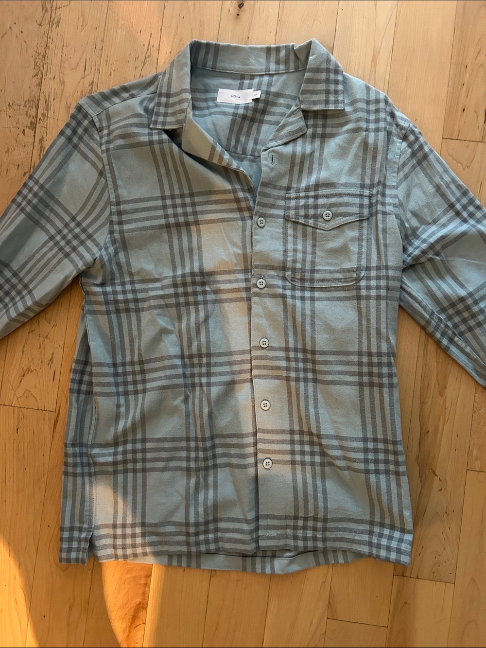 Onia Plaid Button-Up Shirt in Light Blue and Gray